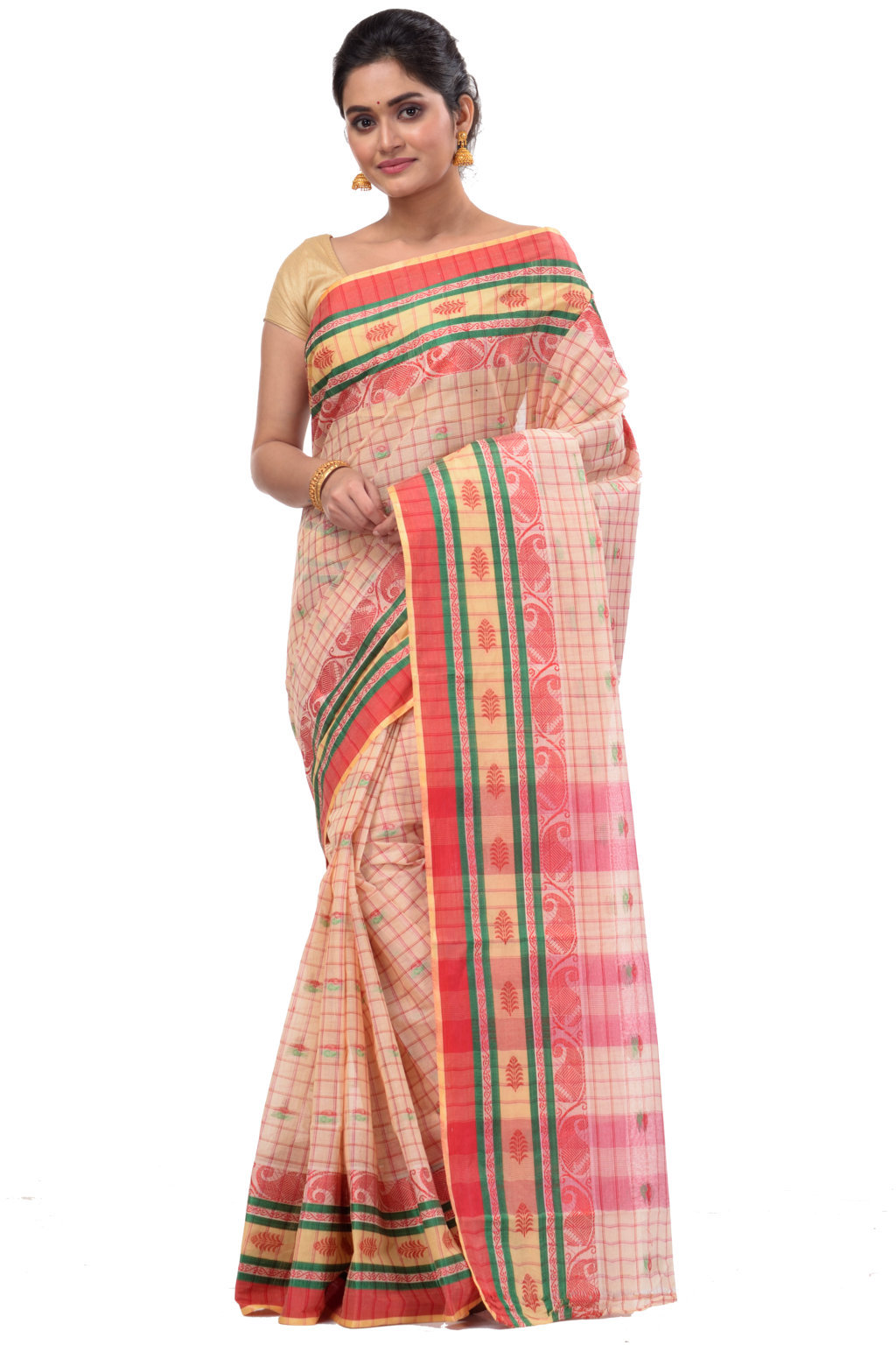 White Pure Cotton ChakButi Tant Saree (126)